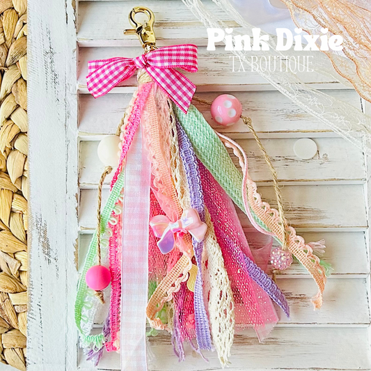 Pink Bow Checkered Tassel Keychain