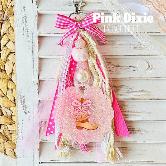 Lovely Pink Cowgirl Checkered Bow Keychain