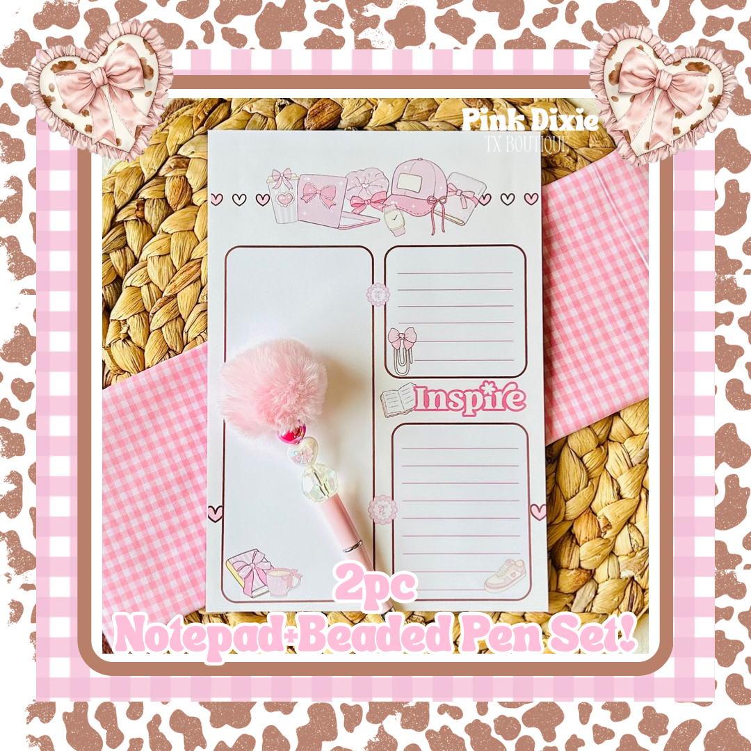 2 Pc Sporty Chic & Dainty Notepad+Beaded Pen Set!