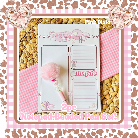 2 Pc Sporty Chic & Dainty Notepad+Beaded Pen Set!