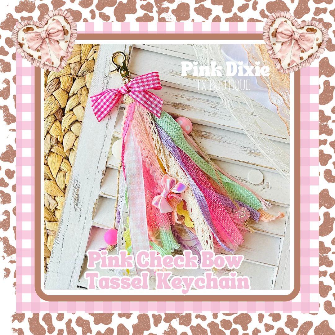 Pink Bow Checkered Tassel Keychain