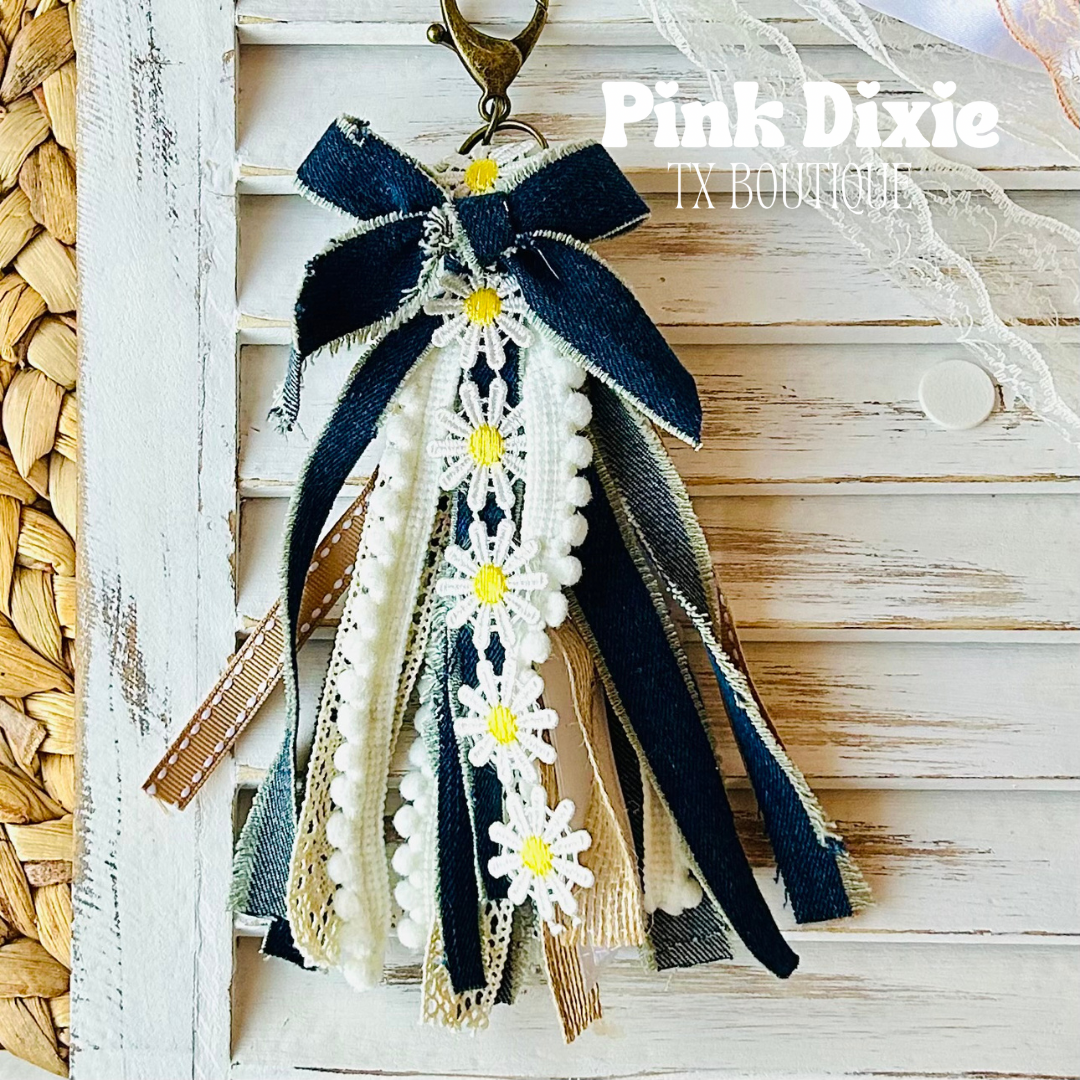 Adorable Denim & Daisies Bow Keychain