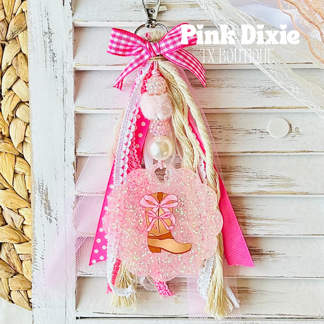 Lovely Pink Cowgirl Checkered Bow Keychain